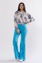 Women's Summer Blue Satin Blouse with Draped Hem and Tie-Detail 7954