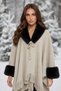 Women's Wide Fur-Trimmed Tasseled Knit Poncho with Tie-Detail Collar Winter Cape Shawl - 7