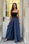 Women's Indigo Blue Modal High-Waisted Wide-Leg Belted Pants-Skirt - 5