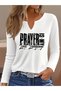Printed Cotton-Stretch Fabric Half-V-Neck Long-Sleeve Blouse