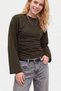 Khaki Crew Neck, Waist-Tucked, Pleated, Wide-Sleeve 95% Cotton Blouse
