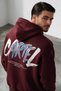 Men's Oversized Hooded Sweatshirt with Cartel Print, Kangaroo Pocket, Burgundy, 3-Ply Brushed Inside Lining