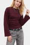 Burgundy Crew Neck, Pleated Waist, Fitted, Wide-Sleeved 95% Cotton Blouse - 2