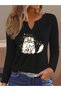 Printed Cotton-Stretch Fabric Half-V-Neck Long-Sleeve Blouse