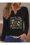 Printed Cotton-Stretch Fabric Half-V-Neck Long-Sleeve Blouse