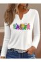 Printed Cotton-Stretch Fabric Half-V-Neck Long-Sleeve Blouse