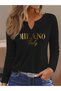 Printed Cotton-Stretch Fabric Half-V-Neck Long-Sleeve Blouse