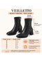 Women's Black Textured Stretch Véron Square-Toe Boots with Side Zipper and Heels - 2