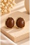 Women's Large Oval Earrings with a Brown Stone-Like Appearance and Gold Frames – Modern and Stylish Design