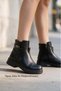 Women's Black Leather Boots, 14 cm Ankle-Length, Thick Sole, Round Toe