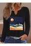 Printed Cotton-Stretch Fabric Half-V-Neck Long-Sleeve Blouse