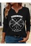 Printed Cotton-Stretch Fabric Half-V-Neck Long-Sleeve Blouse