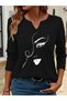 Printed Cotton-Stretch Fabric Half-V-Neck Long-Sleeve Blouse
