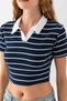 Women's Polo-Neck Striped Cotton T-Shirt, Navy and White - 25795 - 6