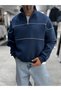 Navy Blue Sweatshirt with Half-Zip and Piped Hem PM-118
