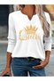 Printed Cotton-Stretch Fabric Half-V-Neck Long-Sleeve Blouse