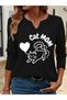 Printed Cotton-Stretch Fabric Half-V-Neck Long-Sleeve Blouse