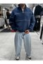 Navy Blue Sweatshirt with Half-Zip and Piped Hem PM-118 - 4