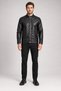 Men's stand-up collar faux leather jacket with snap buttons, zipper, and pockets.