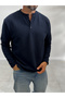 Navy Blue Buttoned, Corded Fabric, Slim-Fit Sweatshirt MRK-2872 - 3