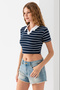 Women's Polo-Neck Striped Cotton T-Shirt, Navy and White - 25795 - 7