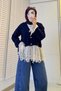 Premium Lace-Detailed, Ruched-Sleeve Knit Cardigan - Navy Blue