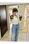Women's Handmade Bohemian Winter Knit Hat and Fingerless Gloves Set in Black and Green with Color Blocking - 6