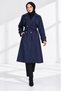 Women's Navy Blue Button-Front Adjustable Sleeve Cuff Midi Length Belted Trench Coat NBFT016 - 3