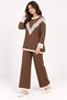 Women's Two-Piece Set with a Crew Neck Featuring Lace Details on the Front and Sleeve Ends, Paired with Corded Fabric Knit Pants - 6