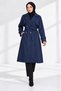 Women's Navy Blue Button-Front Adjustable Sleeve Cuff Midi Length Belted Trench Coat NBFT016 - 4
