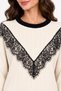 Women's Two-Piece Set with a Crew Neck Featuring Lace Details on the Front and Sleeve Ends, Paired with Corded Fabric Knit Pants - 6