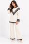 Women's Two-Piece Set with a Crew Neck Featuring Lace Details on the Front and Sleeve Ends, Paired with Corded Fabric Knit Pants - 8