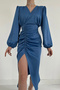 Women's Blue V-Neck Drapey Satin Dress - 4