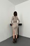 Women's Beige Knitted Textured Skirt with Slit Knit Dress - 5