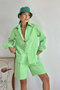 Women's Pistachio Green Cotton Shirt and Shorts Set with Front Pockets - 2