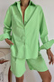 Women's Pistachio Green Cotton Shirt and Shorts Set with Front Pockets - 4