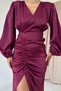 Women's Purple Drapey V-Neck Satin Dress - 3