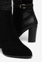 Women's Genuine Leather Suede Crocodile-Patterned Buckled Heeled Boots - Black Suede - 3
