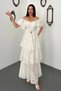 Women's Ecru Layered Ruffled Lined Dress