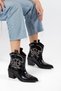Women's Pointed Toe Short Black Wrinkled Patent Leather Beige Embroidered Cowboy Western Boots - 4