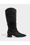 Women's Black Suede Gaiter Boots with Low Block Heels, Ruched, Casual, Comfortable, Long Boots - 3