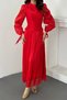Women's Red Dress with Ruched Detail, Belted Design, and Lined Construction - 4