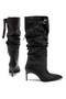 Women's Black Bell-Bottomed Pointed Toe Stiletto Heel Boots with Buckle Detail and Ruched Cuffs - 4