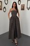 Women's Brown-Lined Polka Dot Pleated Cotton Denim Dress