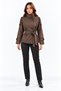 Women's Brown Short Mock Neck Trench Coat with Epaulets, Buttons, Lining, and Belted Design