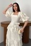 Women's Beige Balloon-Sleeve Layered-Lined Viscose Dress - 3