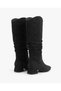 Women's Black Suede Gaiter Boots with Low Block Heels, Ruched, Casual, Comfortable, Long Boots - 8