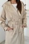 Women's Beige Stretch Fabric-Lined Raglan-Sleeve Suede Trench Coat - 4