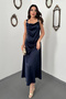 Women's Navy Blue Drapey Satin Dress with Buckled Shoulders and a Cowl Neckline - 2