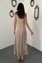 Women's Beige Cowl Neckline Drapey Satin Dress with Buckled Details - 5